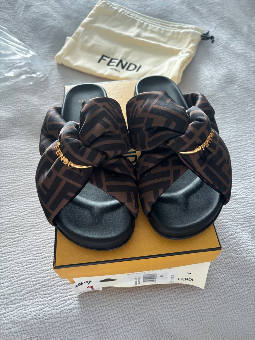 Fendi Black and Brown Knotted Monogram Slide Sandals